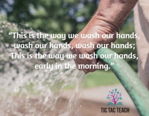 “This is the way we wash our hands, wash our hands, wash our hands; This is the way we wash our hands, early in the morning.” www.tictacteach.com/preschool-songs