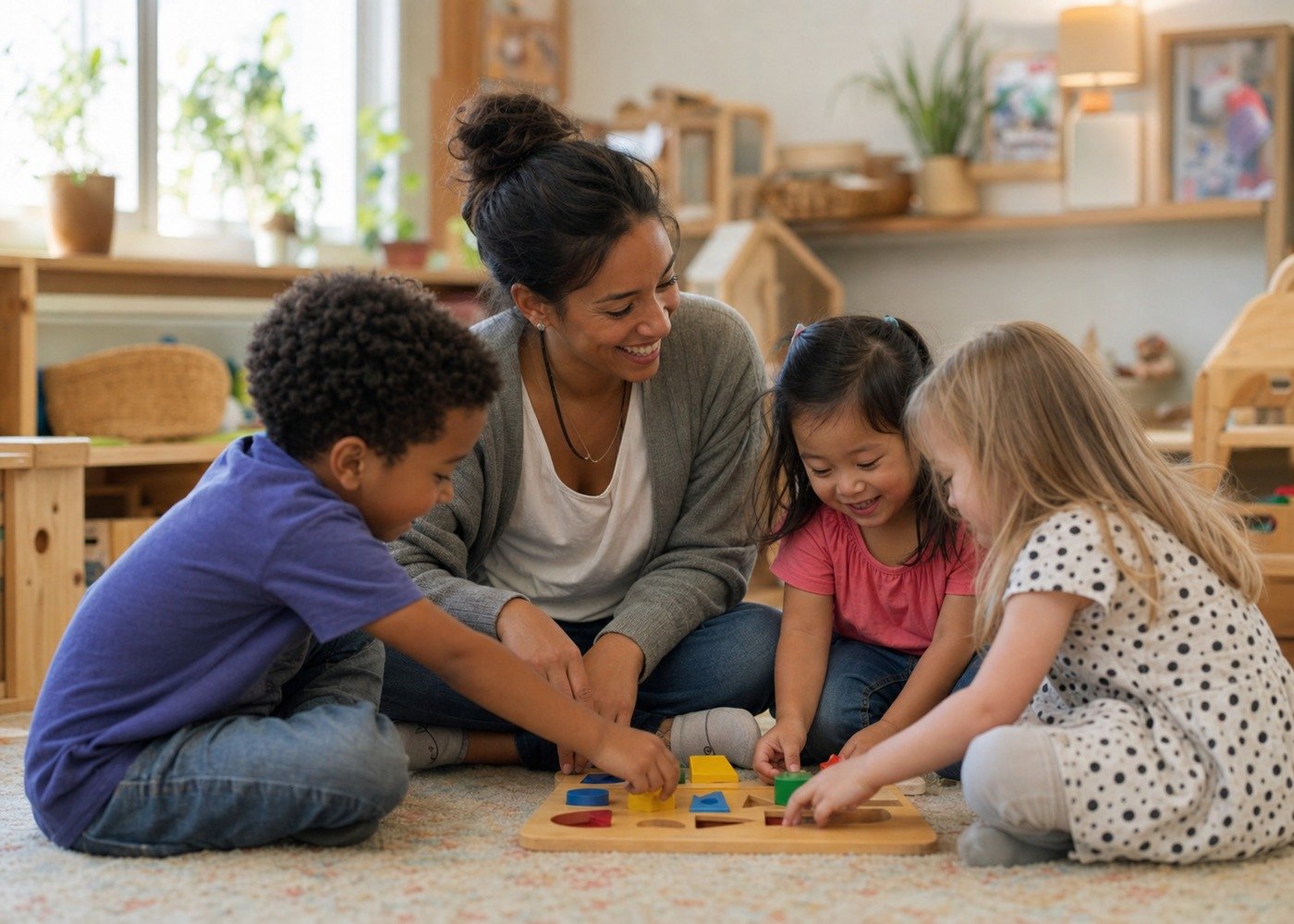 A preschool teacher and three children playing a shape-sorting game on the classroom floor