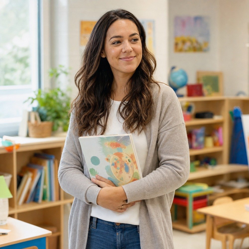 A friendly preschool teacher holding a picture book in a bright classroom