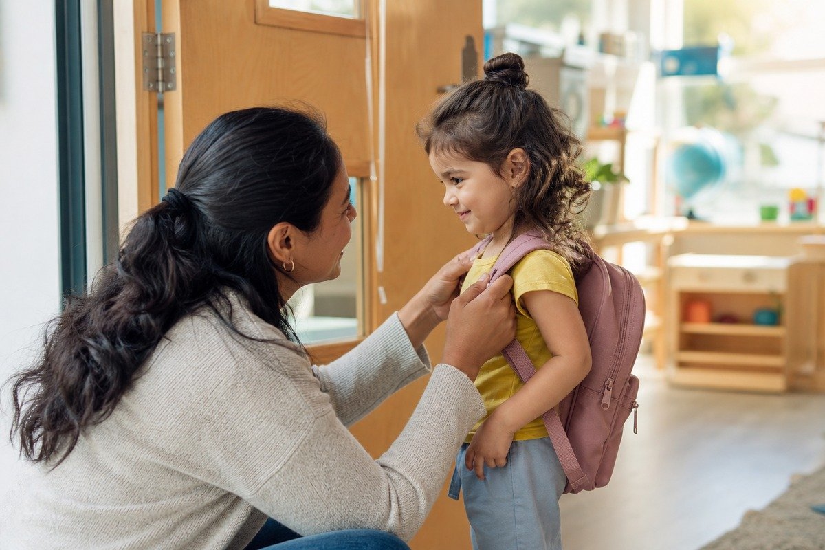 A parent adjusting their child's backpack at the preschool door on the first day