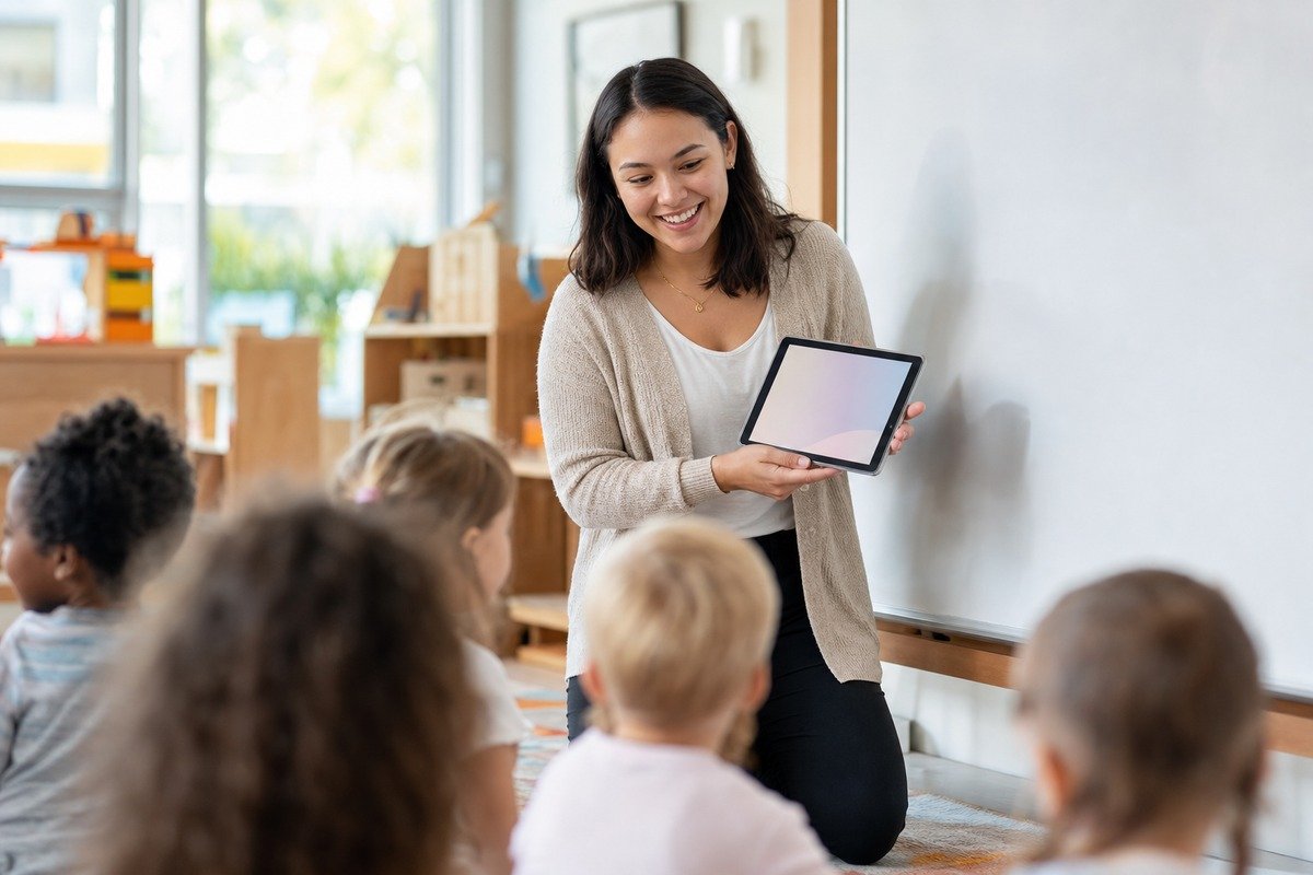A preschool teacher using a tablet with children on the classroom rug