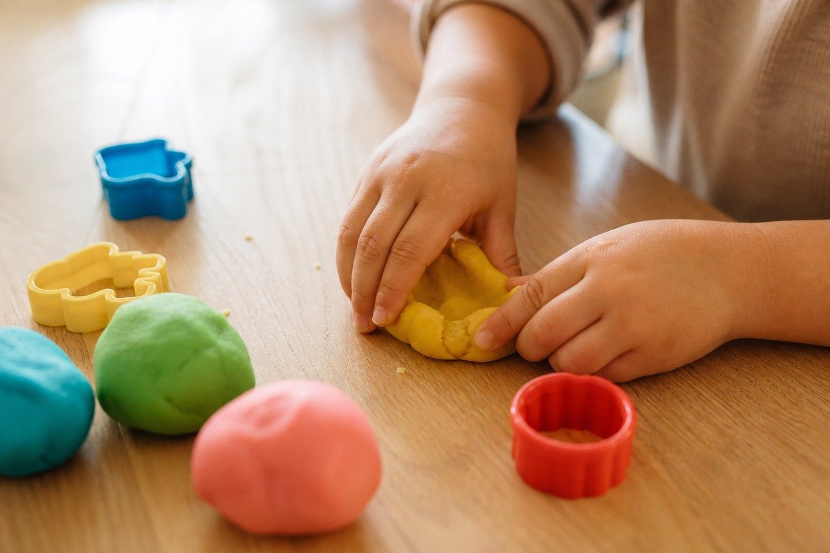 A child's hands shaping colourful play dough on a wooden table