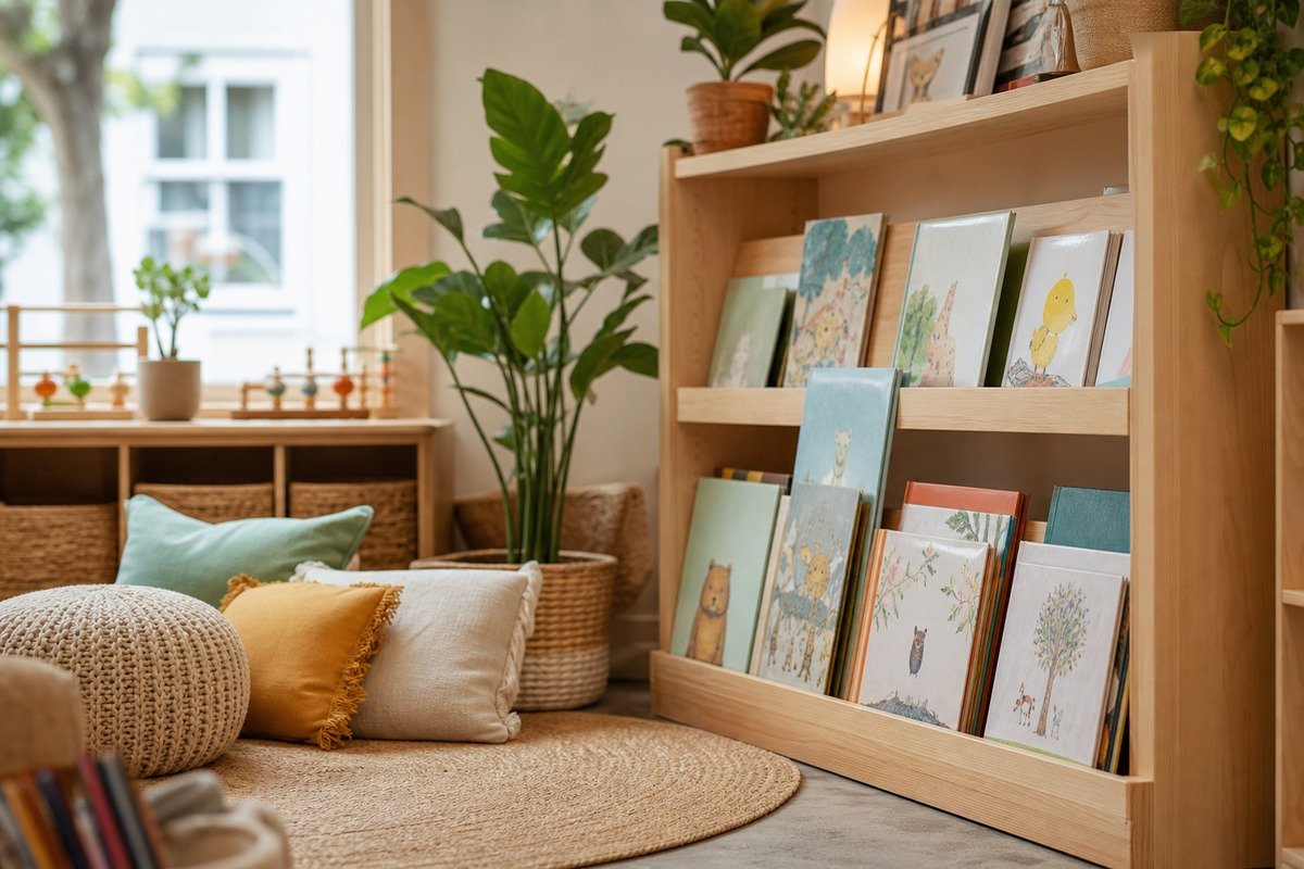 A cosy preschool reading corner with picture books and cushions