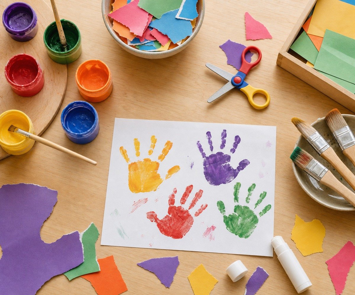 A preschool art table with paints, brushes and child-safe scissors
