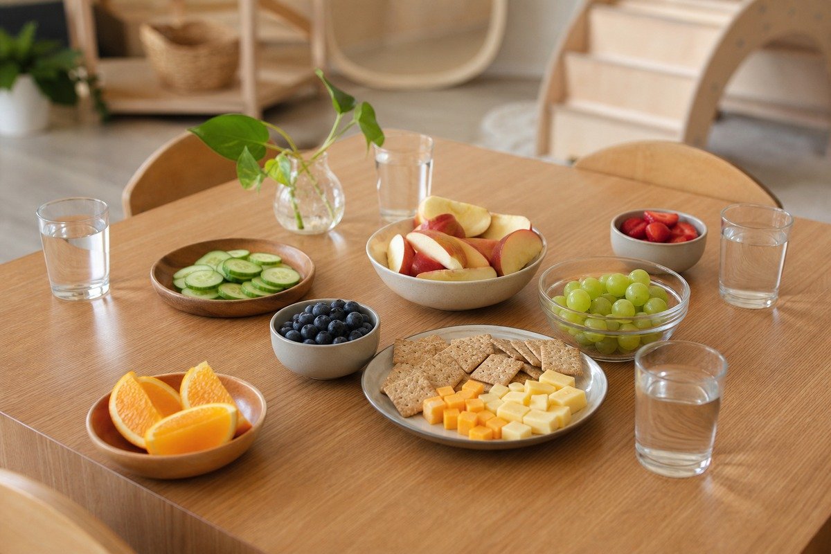 A healthy preschool snack spread of fruit, crackers and water