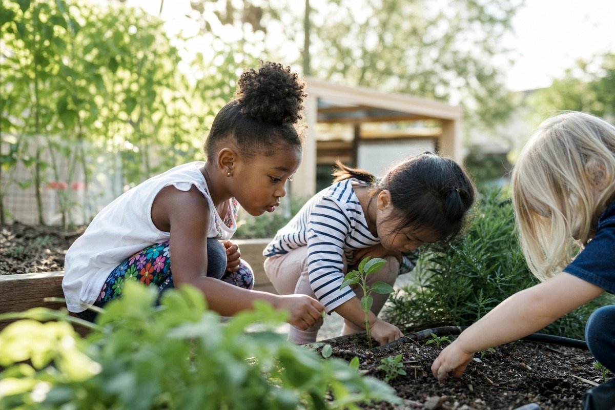Preschoolers exploring nature and planting in a garden