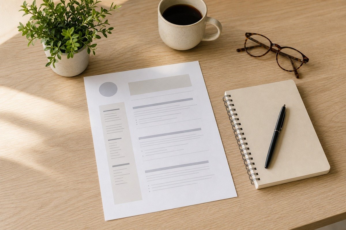 A tidy desk with a resume, coffee and notebook for a teaching job application