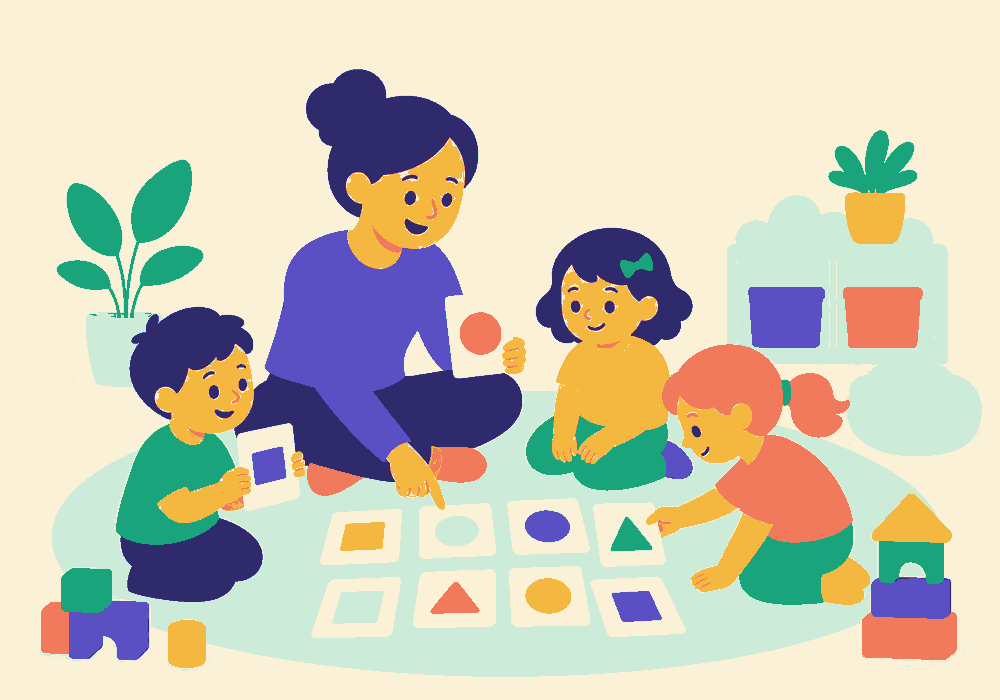 A preschool teacher playing a shape matching game with children