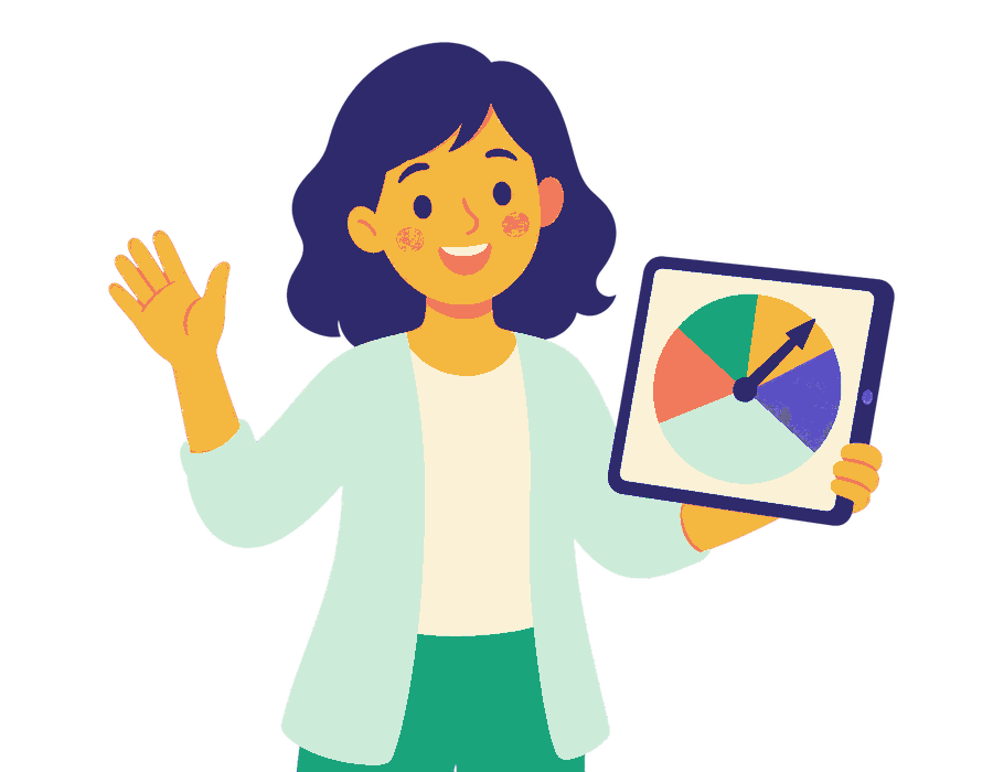 Friendly preschool teacher holding a tablet with the spin wheel game