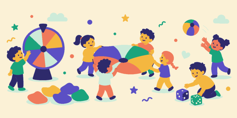 Children playing group games with a parachute and ball